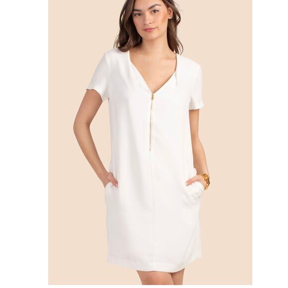 Trina Turk Banning Dress Whitewash V Neck Sleeveless Mini Zip Front Size 6 Lined - Picture 1 of 11